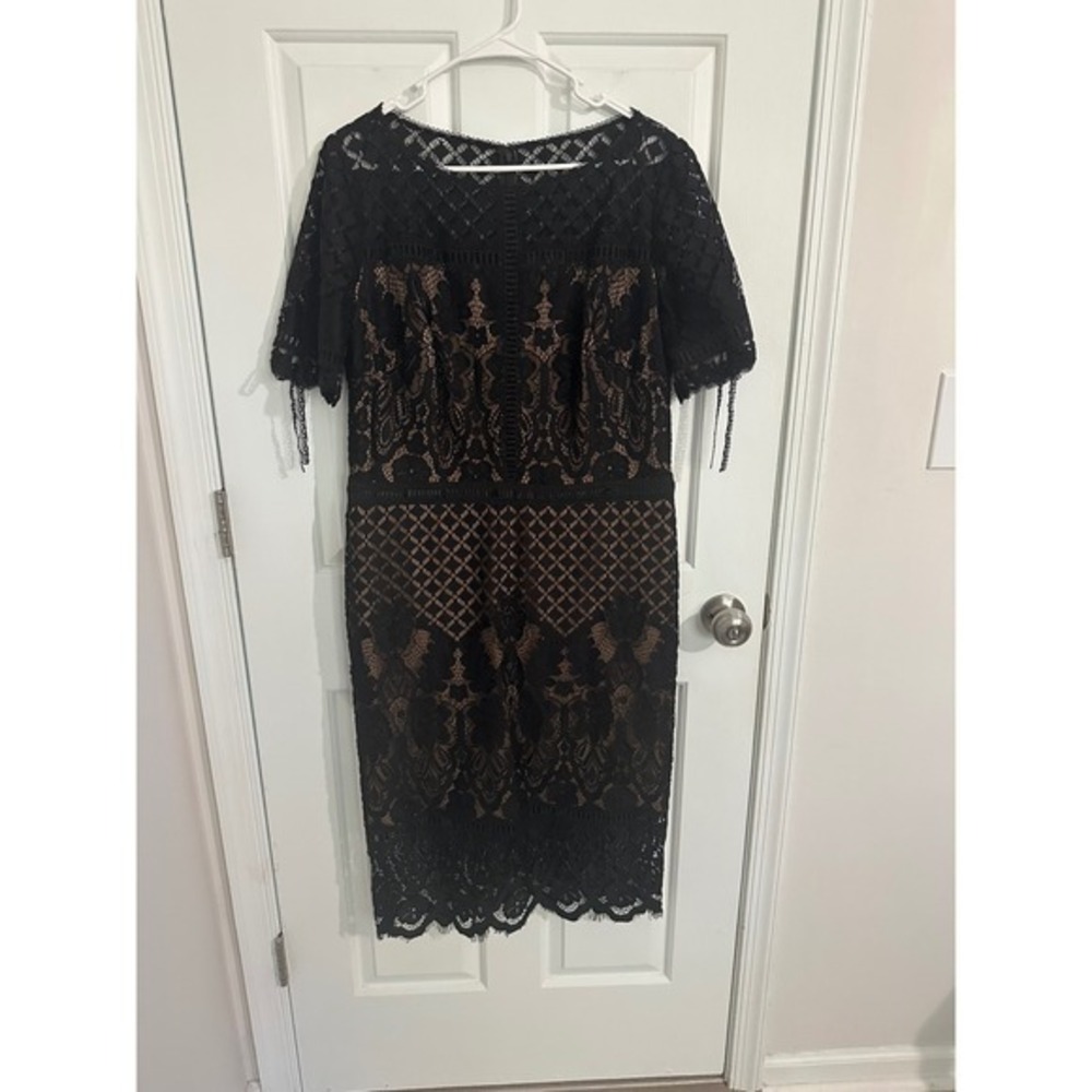 Tadashi Shoji Black Lace Dress Nude Lined Short Sleeve Cocktail Party Size 16